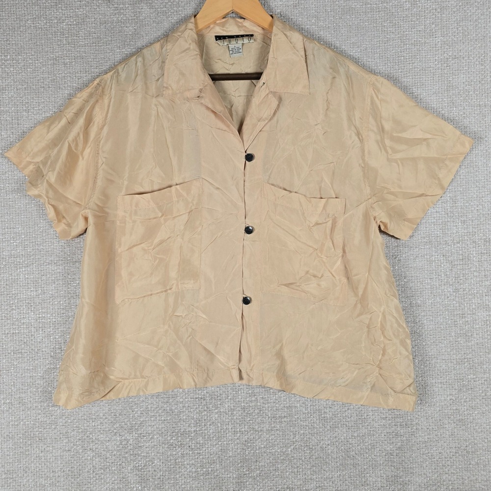 New York Studio Womens Tan 100% Silk Short Sleeve Button Up Camp Shirt Large